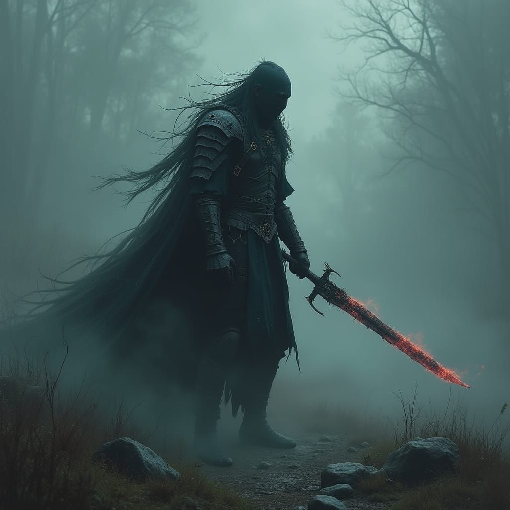 Dark Warrior in Mist-Shrouded Landscape
