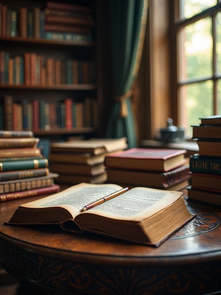 Dark Wood Table with Leather Bound Classic Books