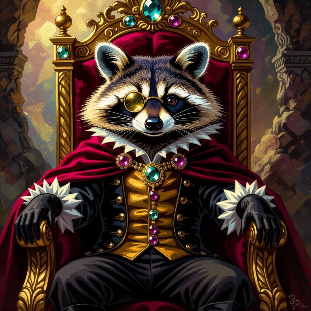 Regal Raccoon on Gem Throne in Baroque Style