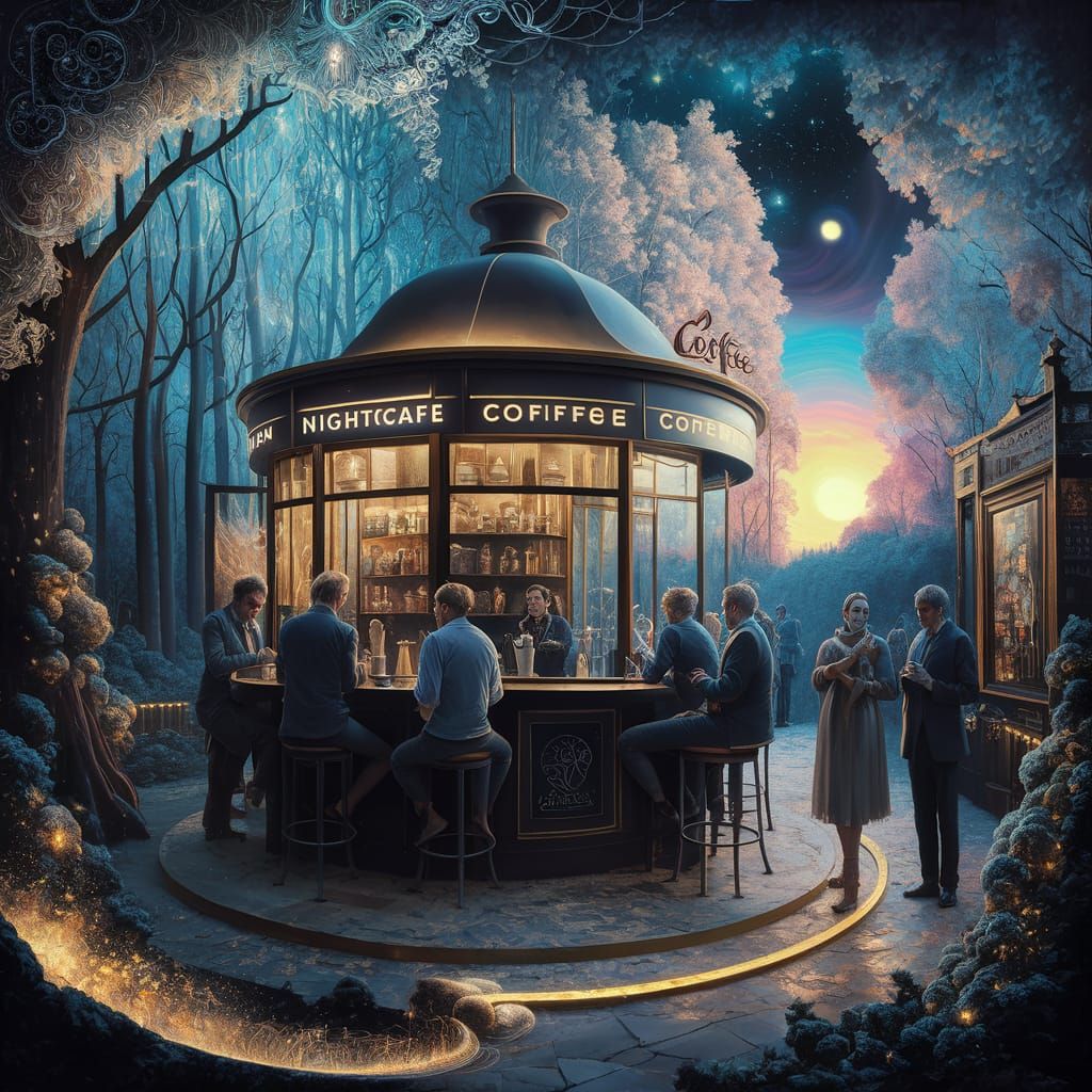 Surreal Coffee Kiosk Painting in Maximalist Style