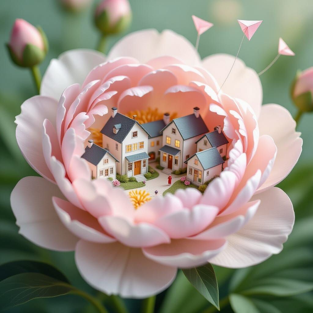 Miniature Paper Village in Dewy Peony Bloom