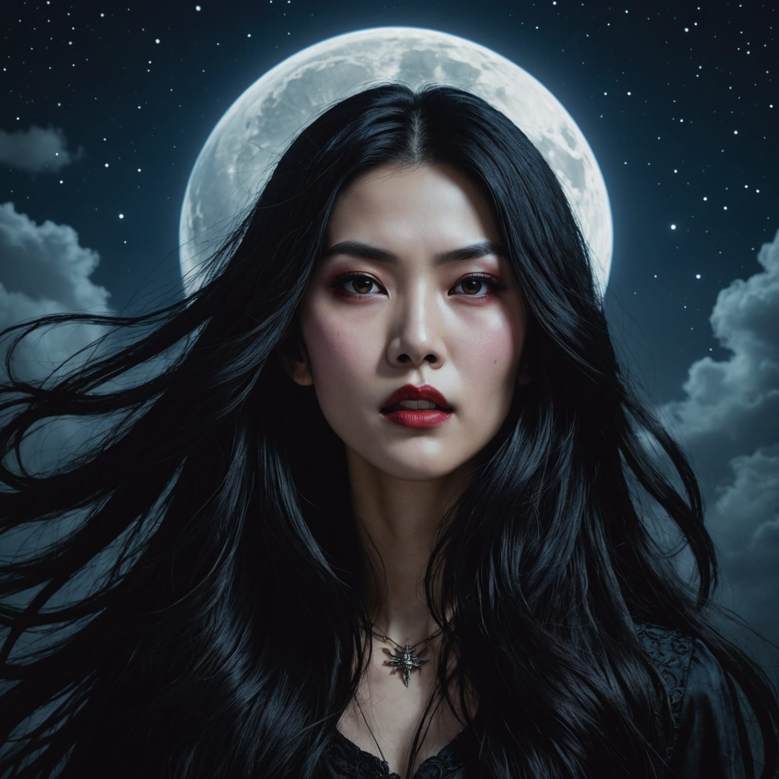 Flying Asian Vampire Head in Night Sky