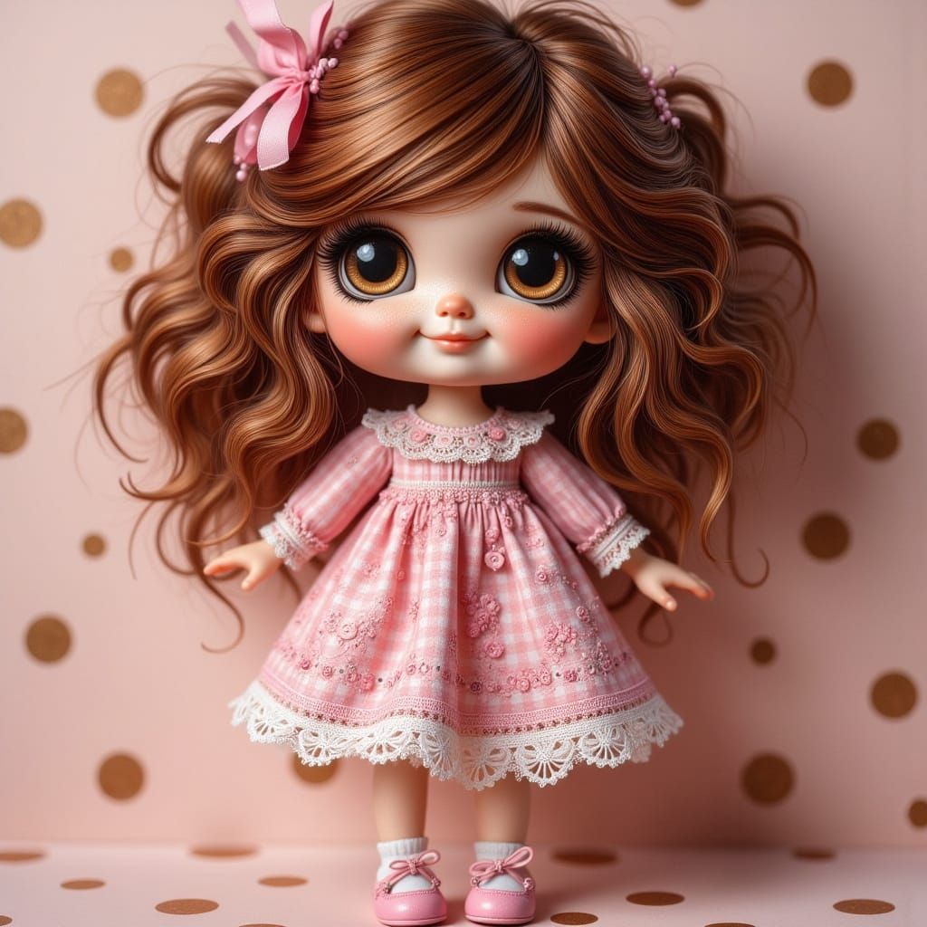 Whimsical Doll in Gingham Dress with Amber Eyes