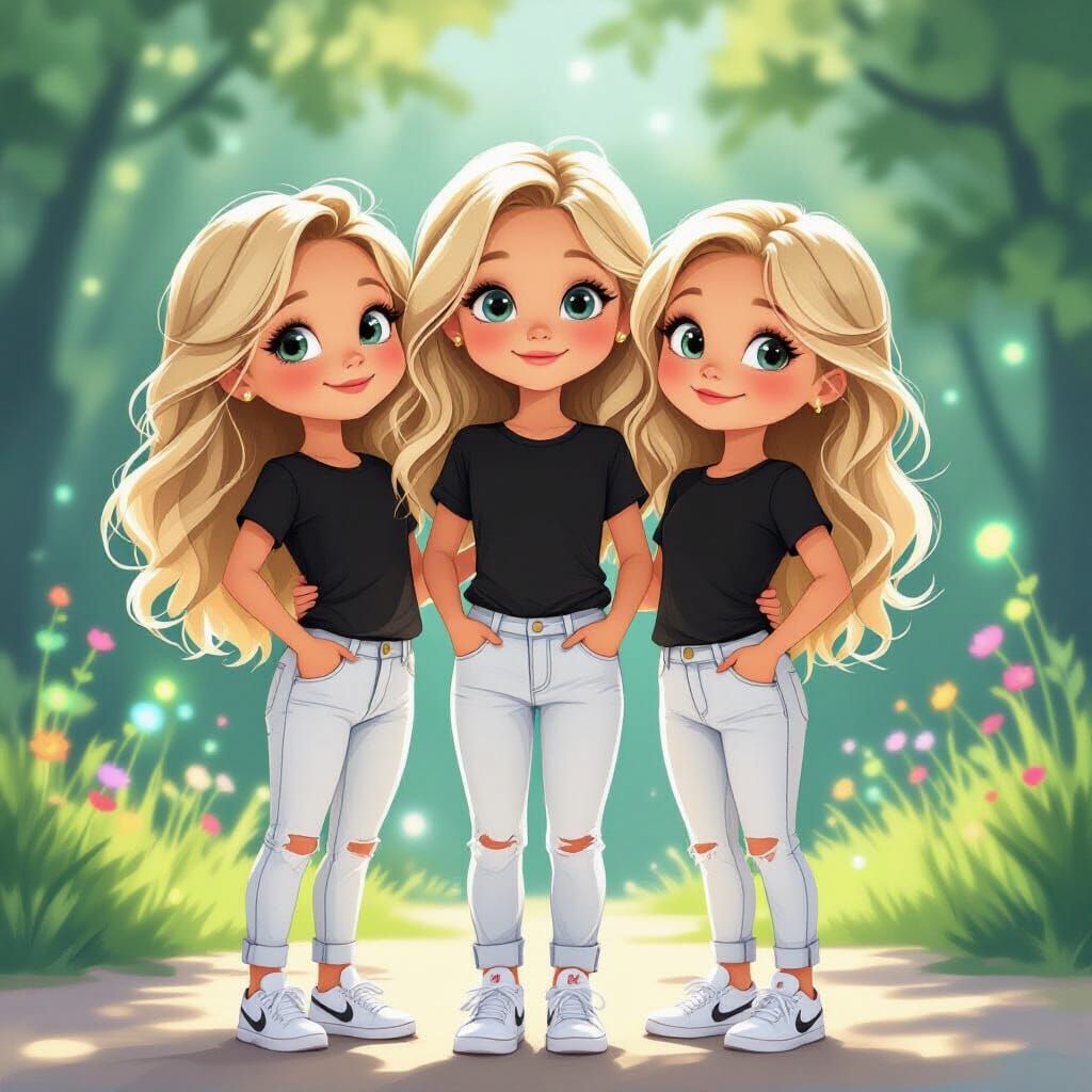 Three Blonde Twin Girls in Whimsical Storybook Style