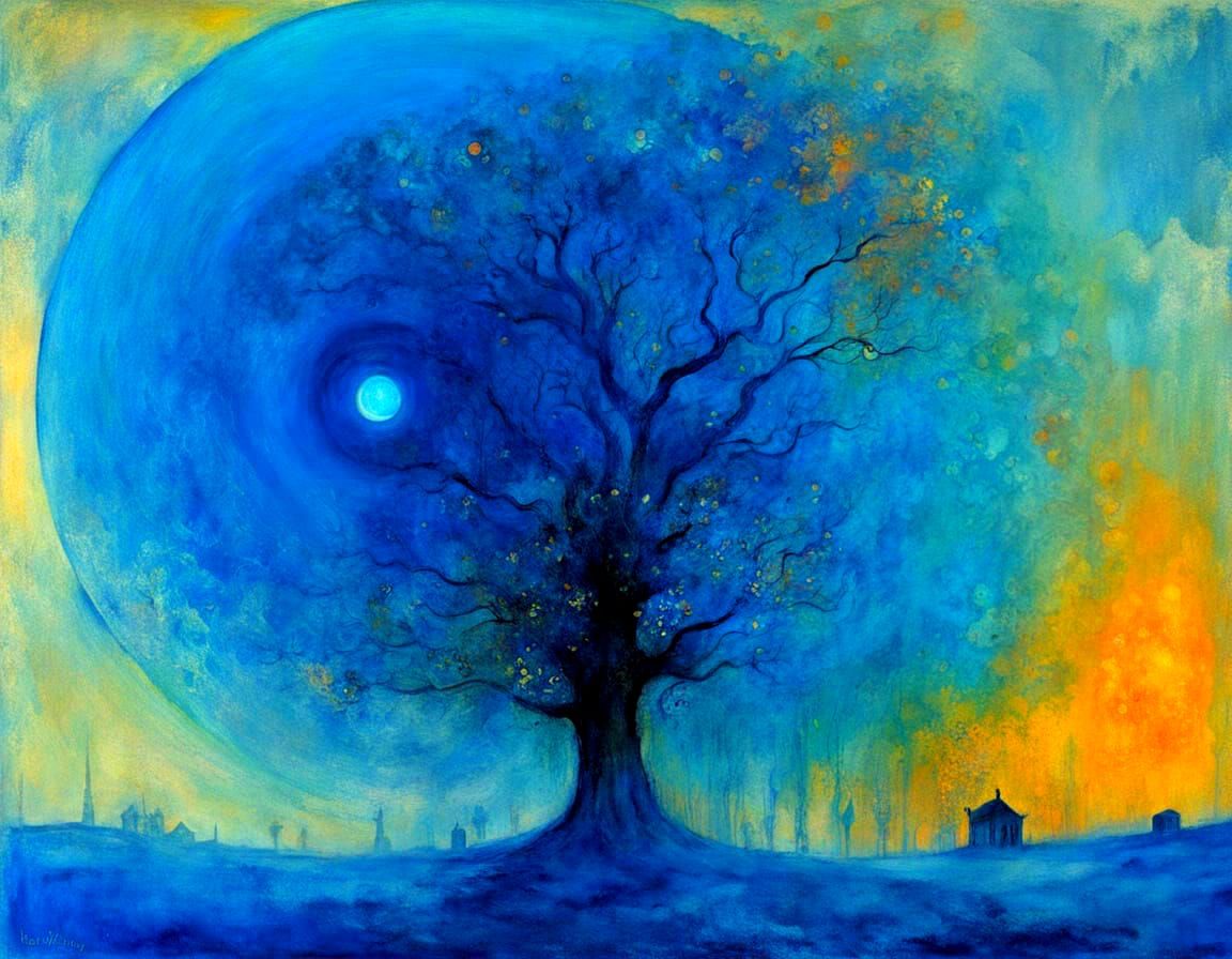 Surreal Cosmic Fantasy Landscape in Blue Hues