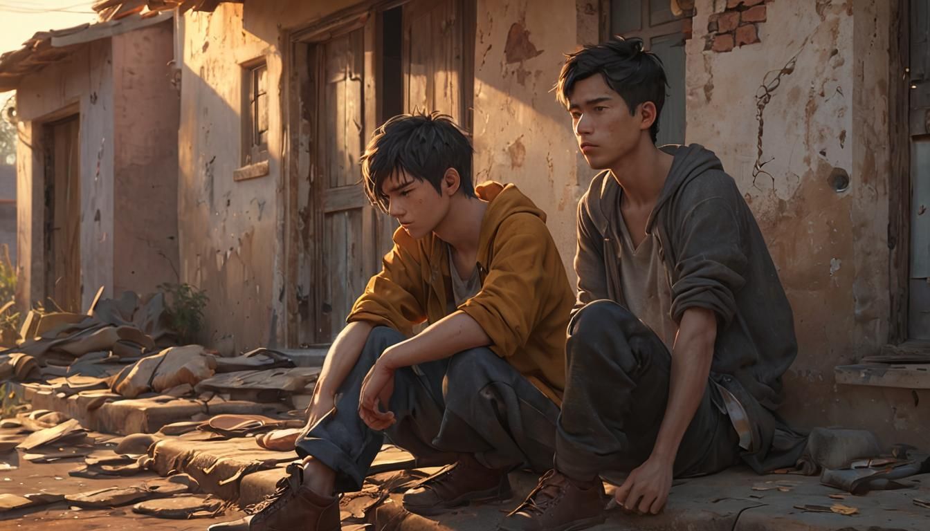 Worried Man in Dilapidated House: 3D Anime Art