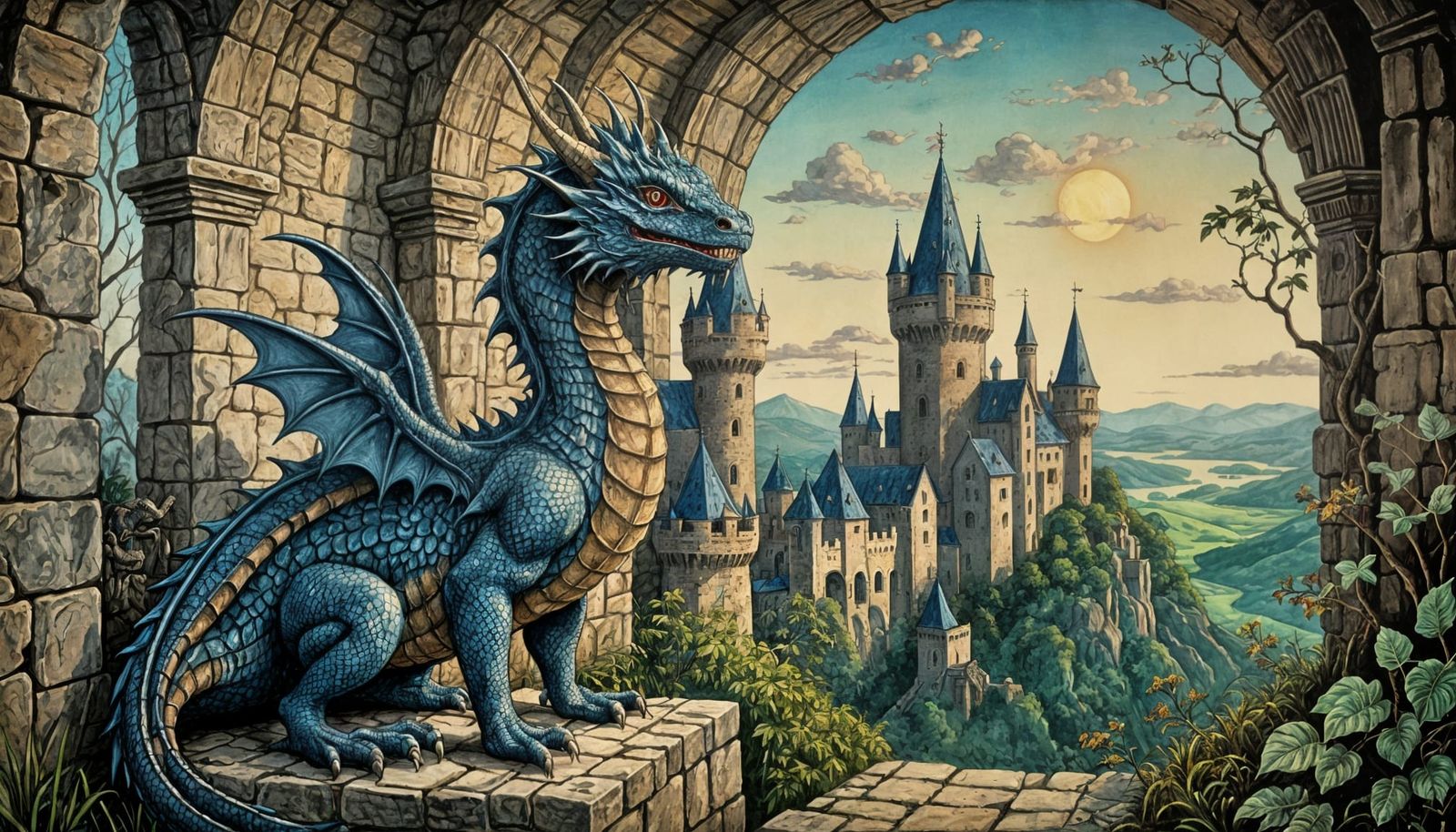 Tiny Dragon in Birdcage at Ruined Castle, Woodcut Watercolor