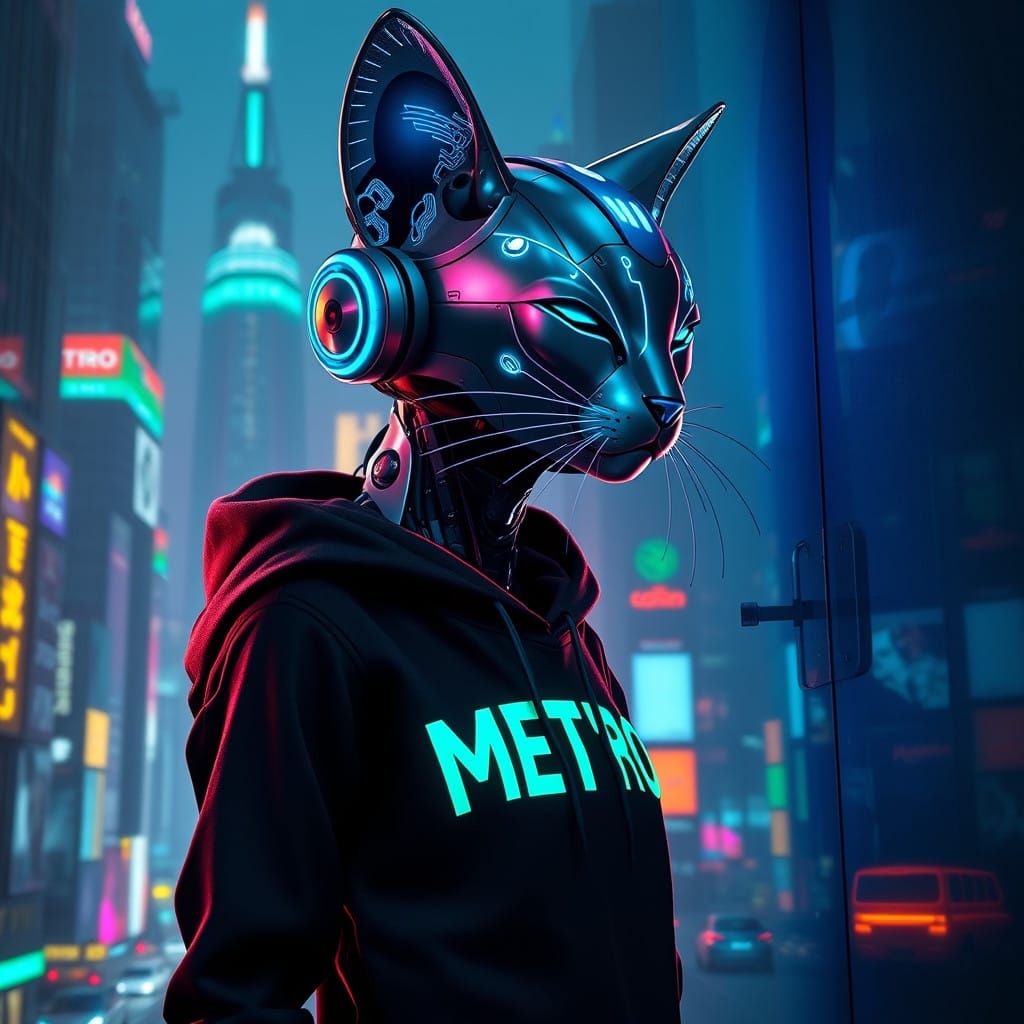 Cyborg Feline in Neon Cityscape