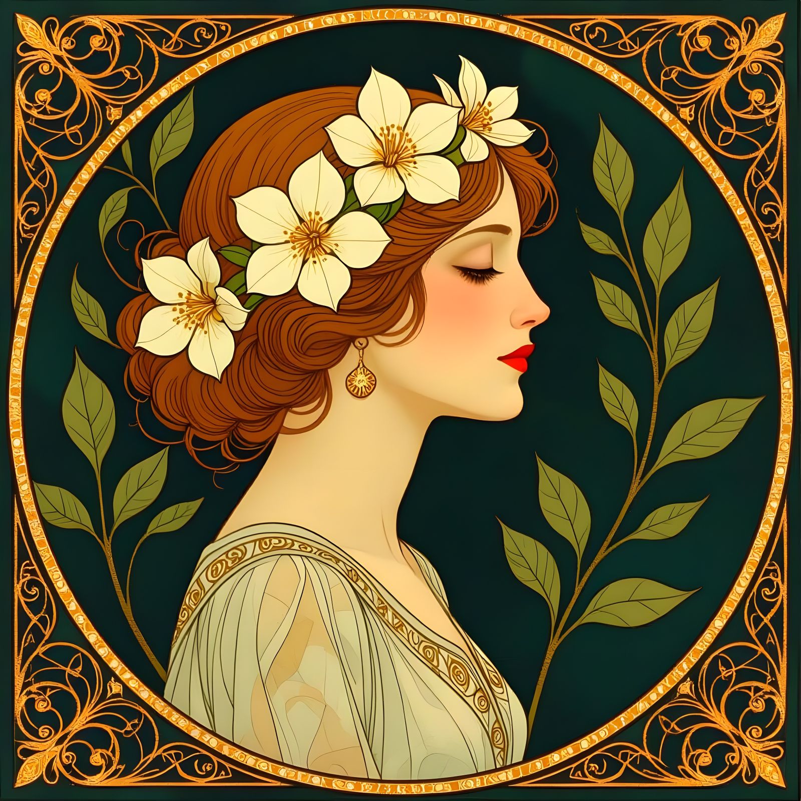 Art Nouveau Myrtle Flower Portrait with Gold Filigree
