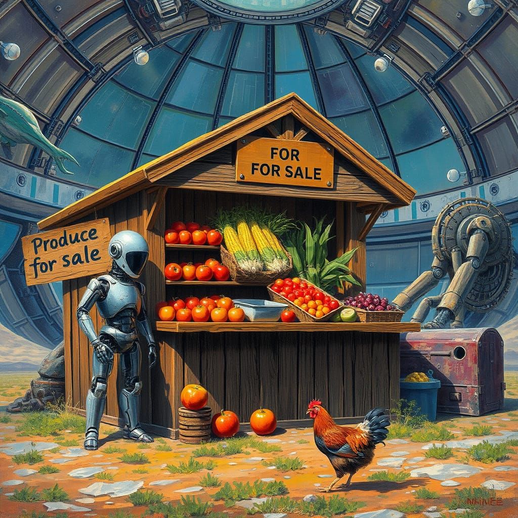 Alien Farmstand with Robot Vendor in Space Dome
