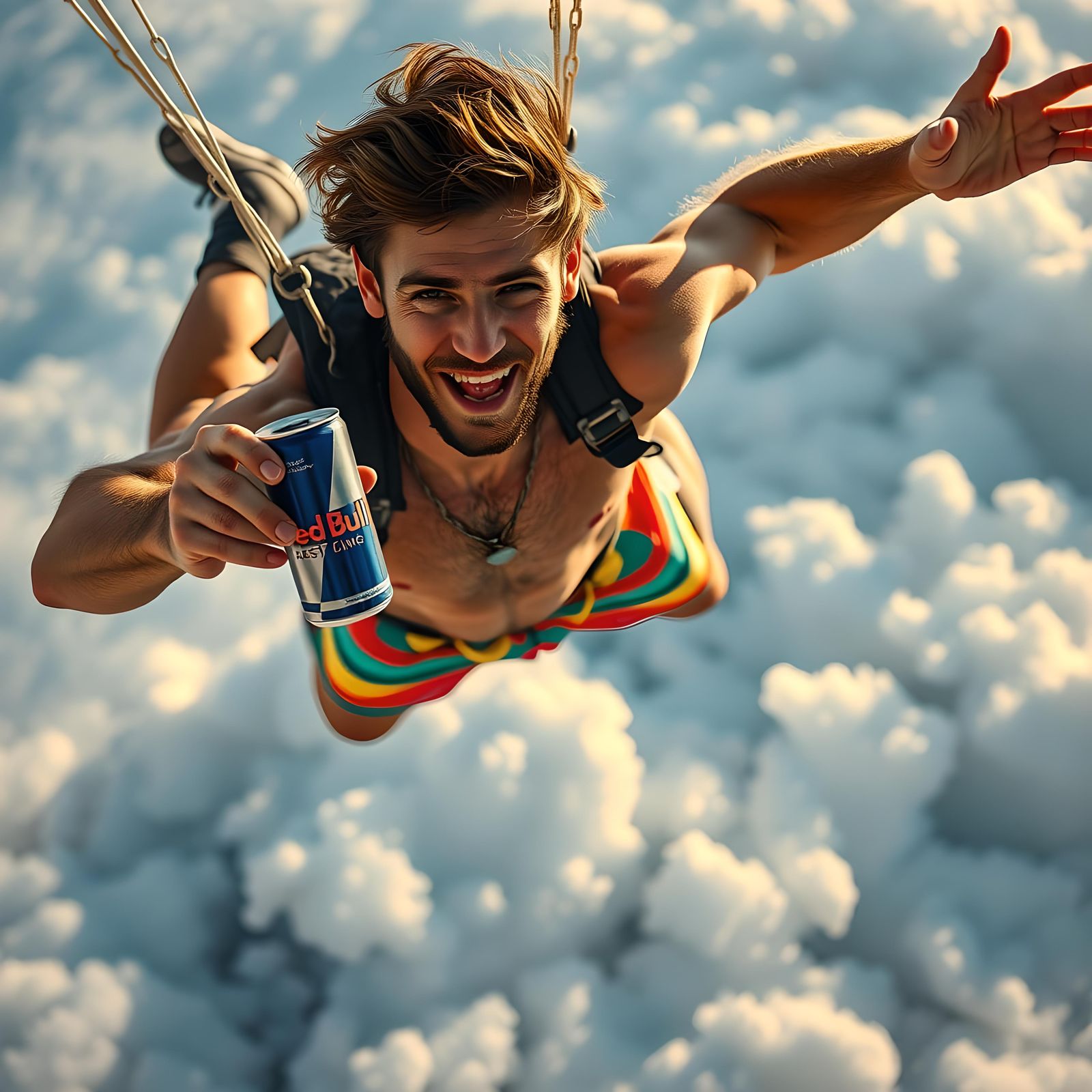 Travis Pastrana shirtless wearing board shorts jumping out o...