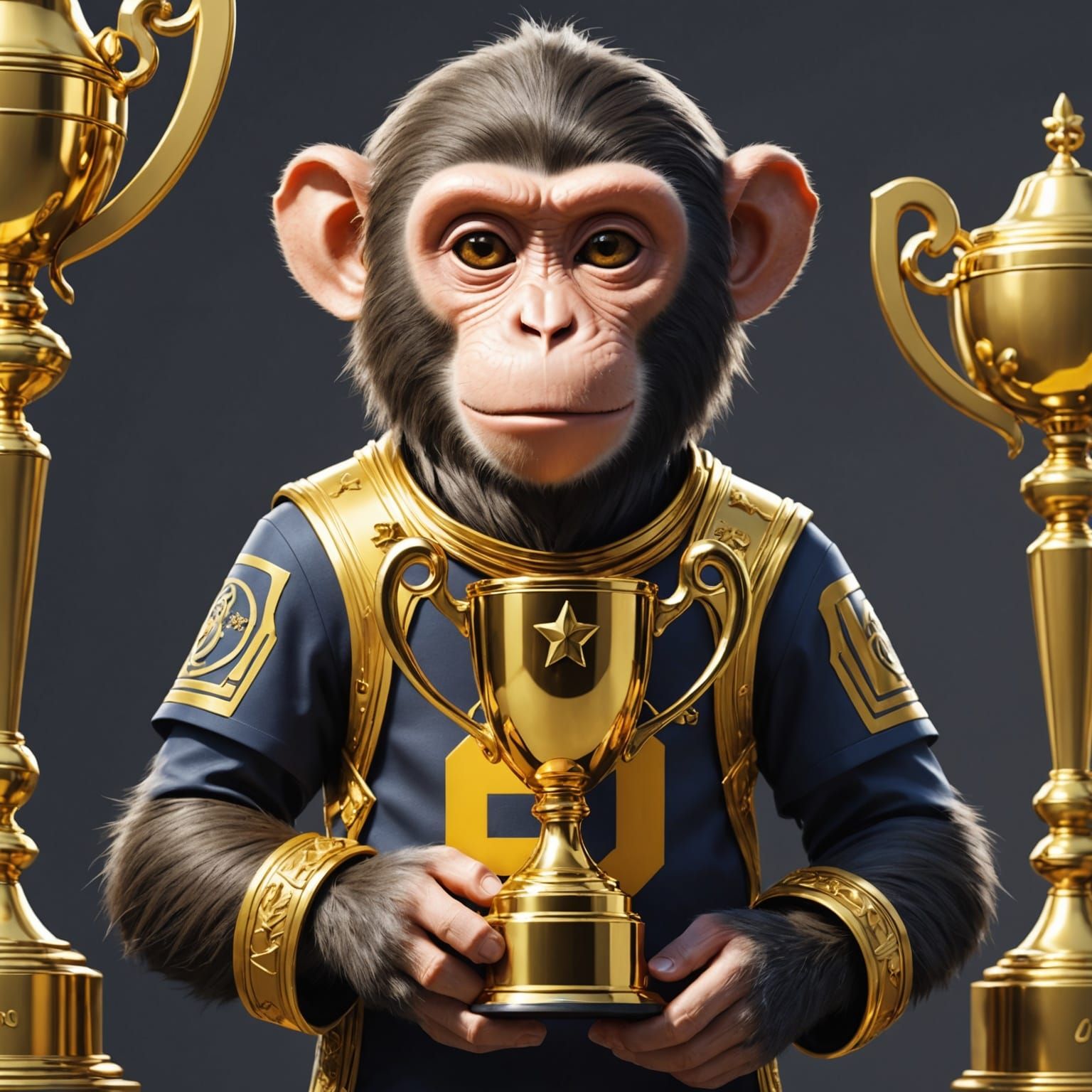 Anime Monkey Celebrates with Trophy on Magazine