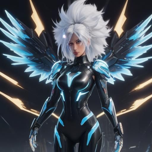 Cyberpunk Humanoid Portrait with Glowing Wings