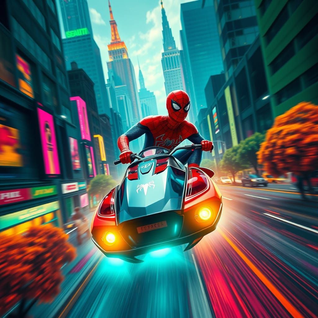 Spiderman Speeds Through a Fantastical Cityscape in Cyberpun...