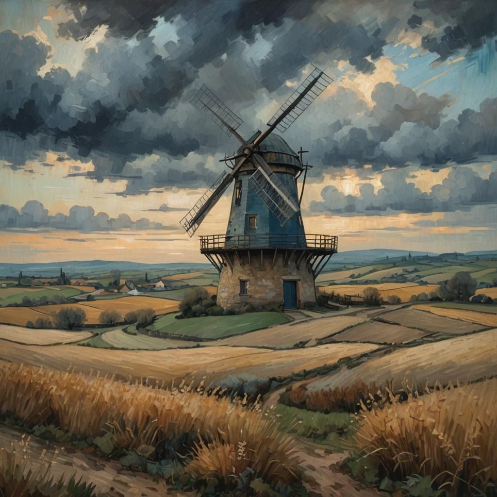 Ethereal Windmill on Hilltop in Surreal Style