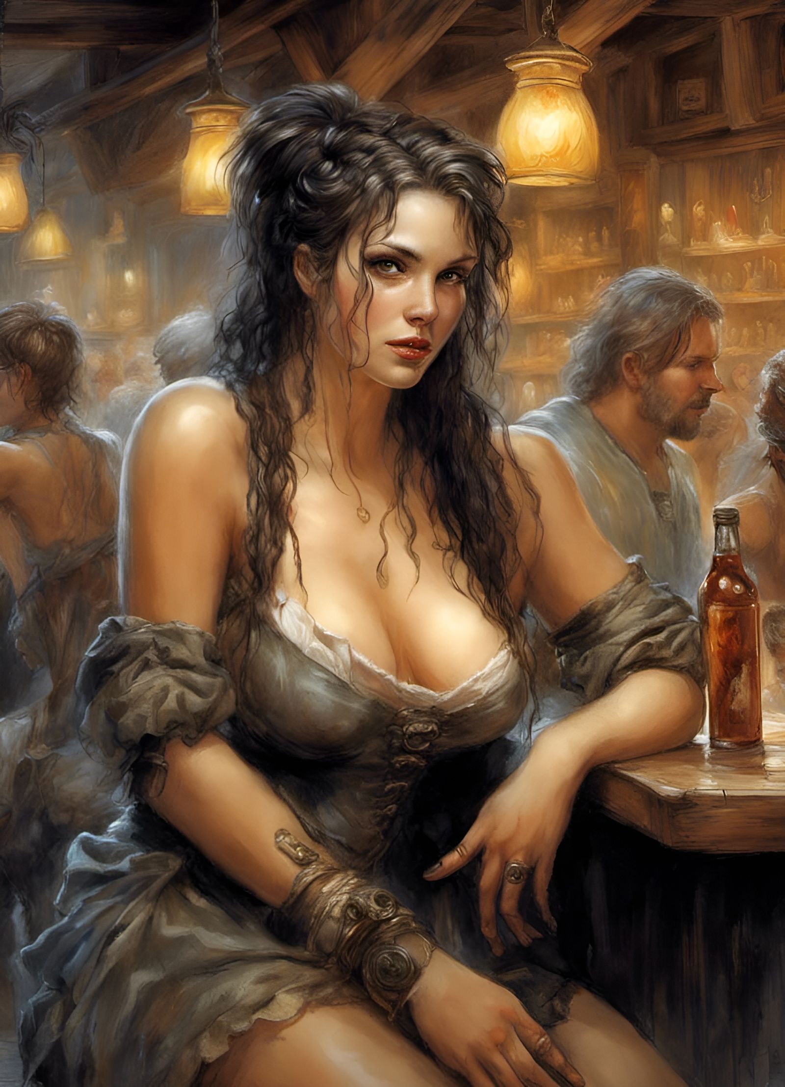 Seductive Tavern Wench in Dark Fantasy Style