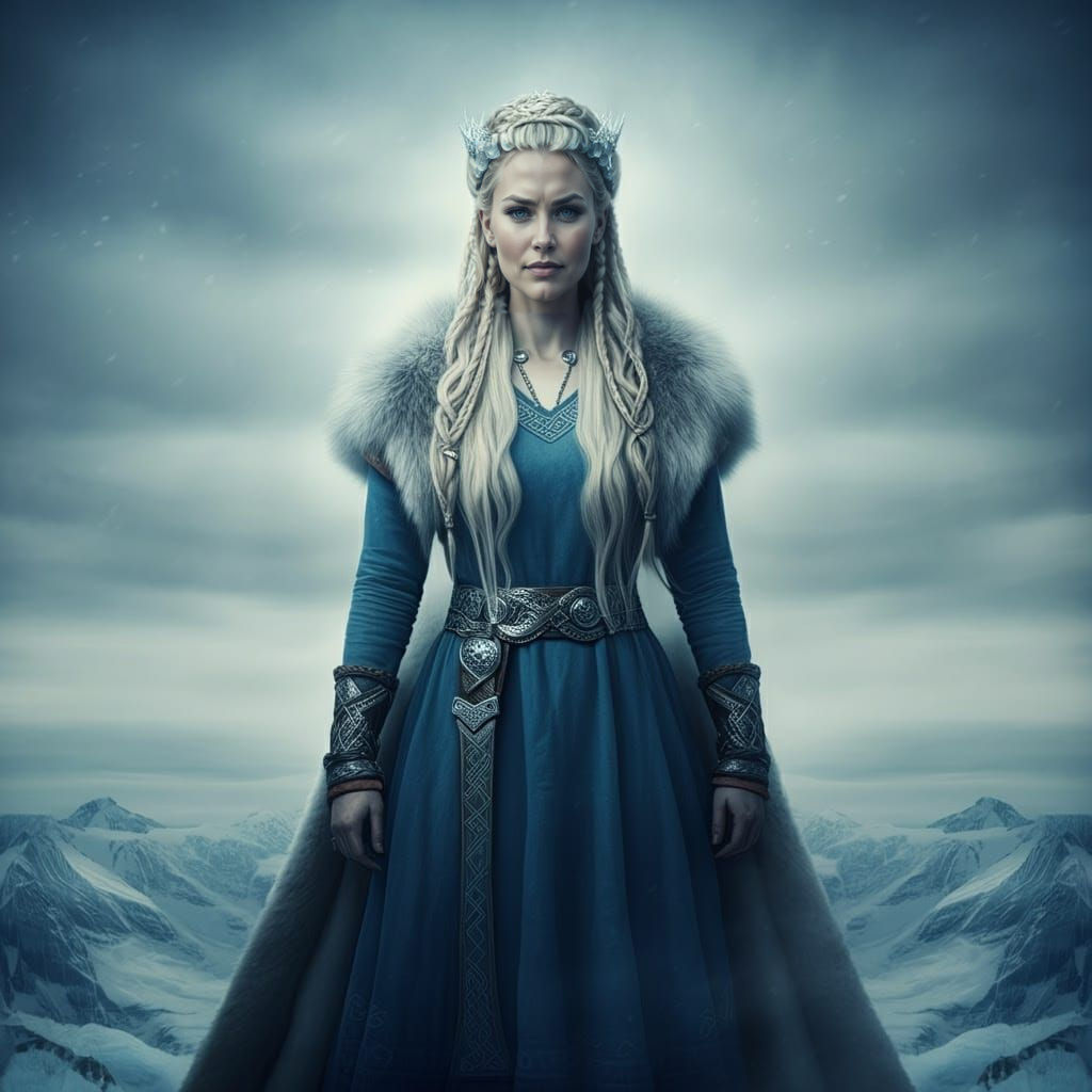 Elegant Viking Ice Giantess on Mountain, Digital Painting