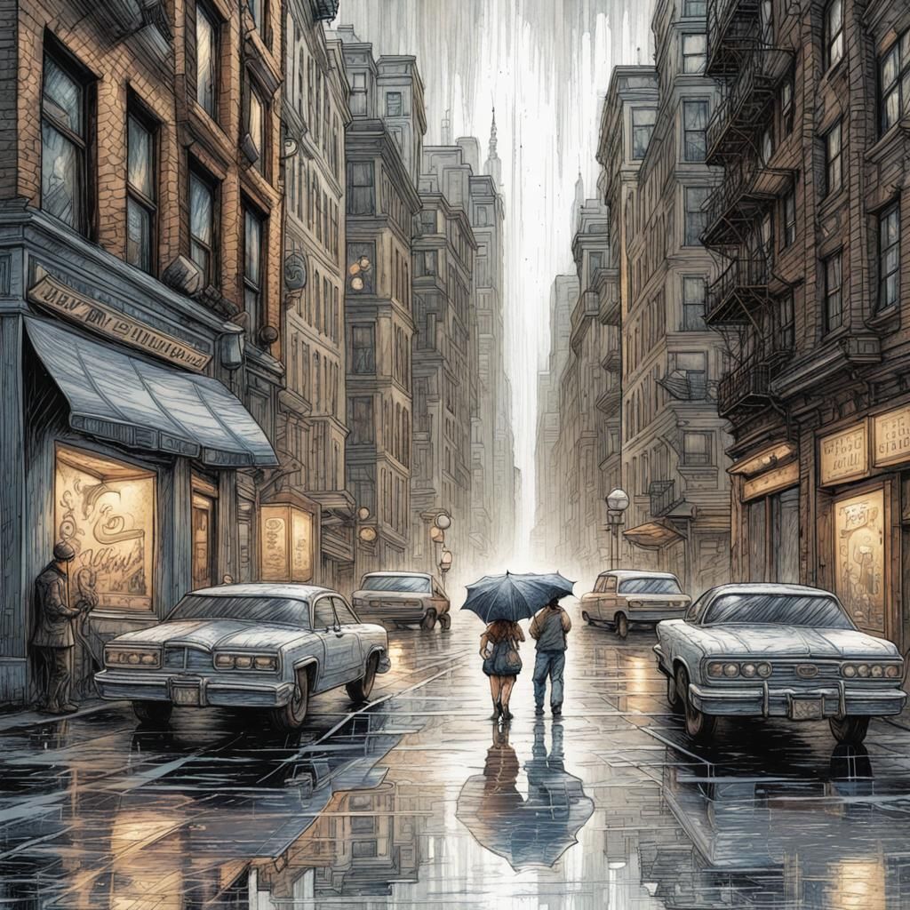 Rainy New York Street in Cartoon Style