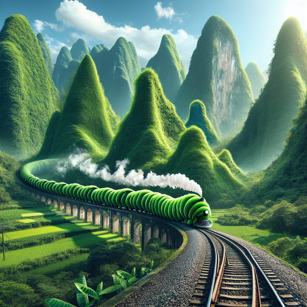 Caterpillar-Steam-Train Weaving Through Leafy Valley