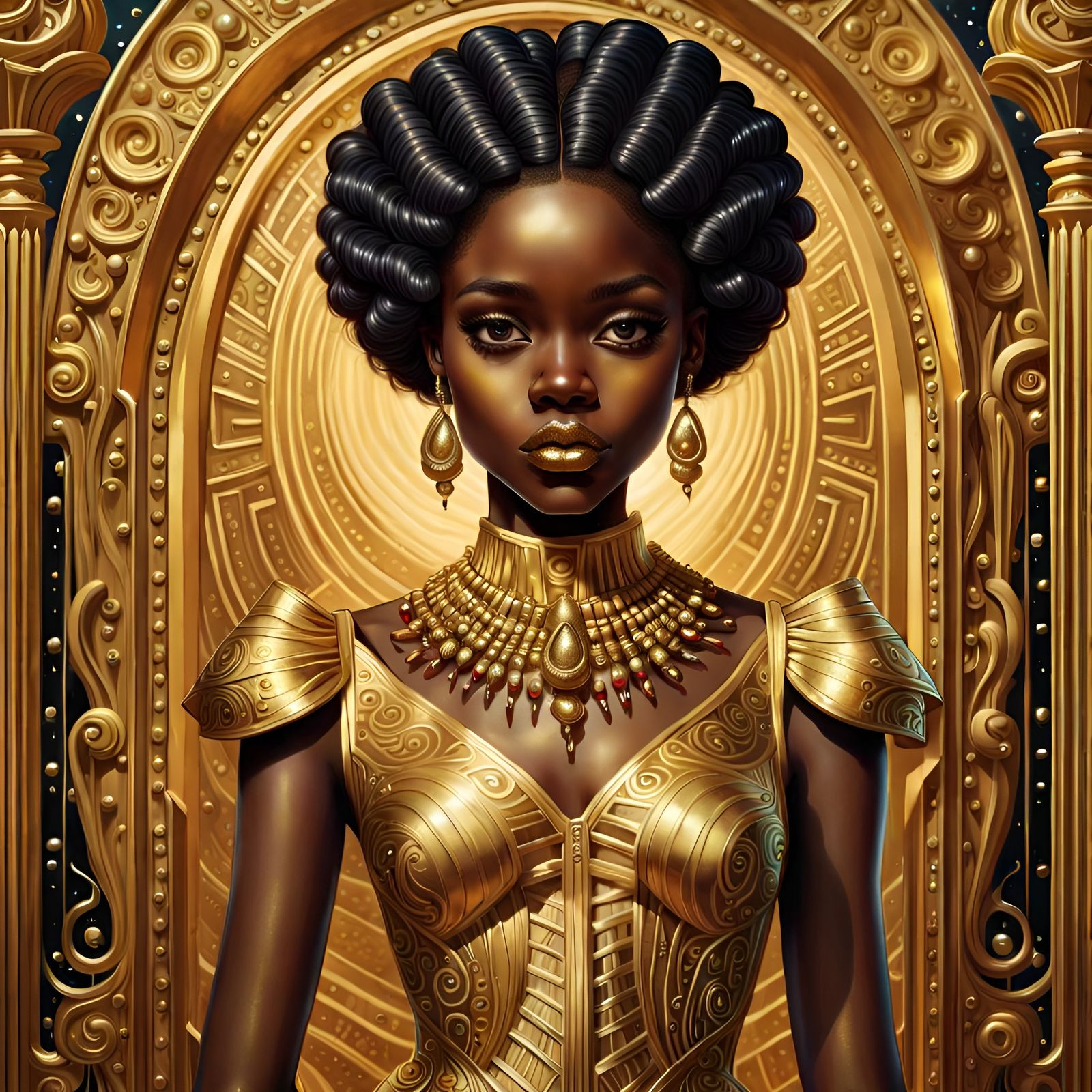 Cute Black Skin Girl in Gold Dress, Michael Cheval Style
