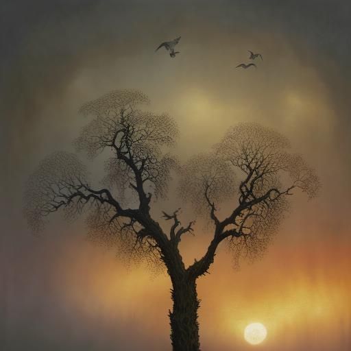 Owls in Surreal Atmospheric Oil Painting
