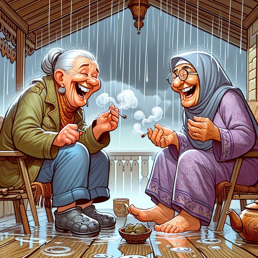 Cartoon Grandmas Share a Rainy Day Smoke