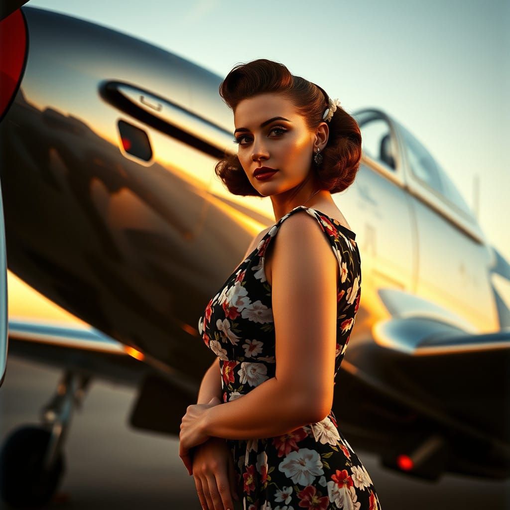Elegant 1940s Lady Poses by Vintage P51 Mustang in Golden Li...