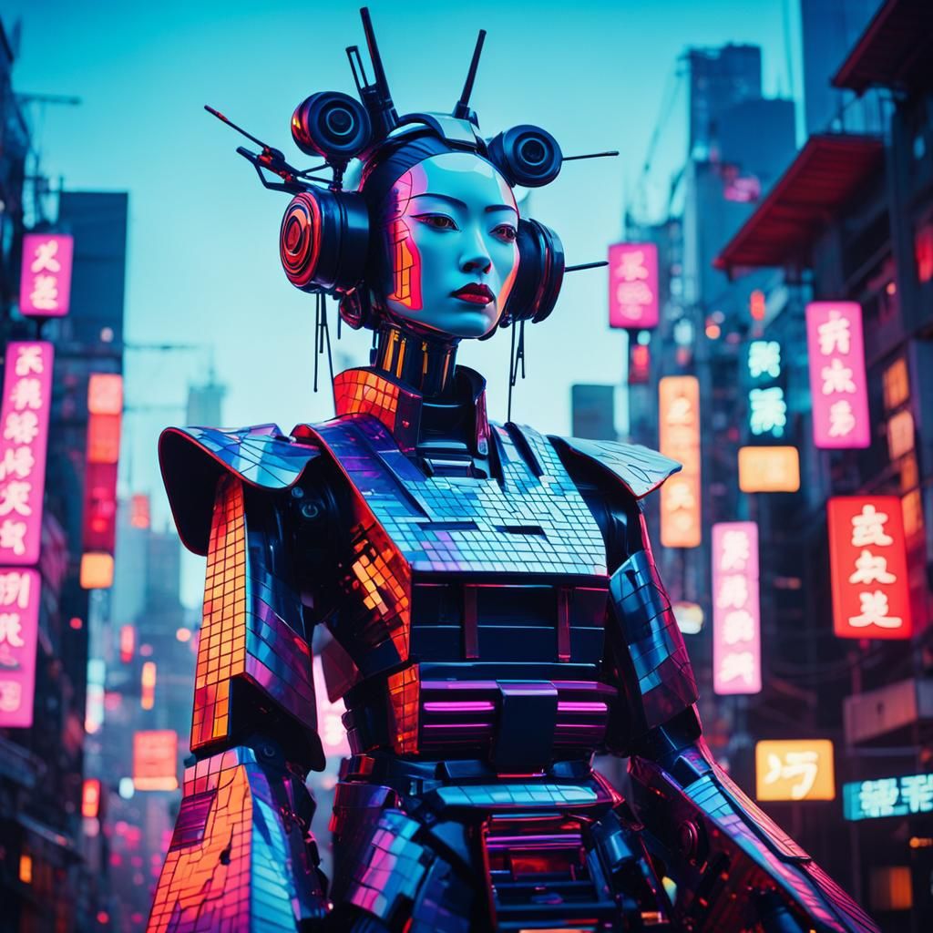 Futuristic Robotic Geisha in Abstract Expressionism Style