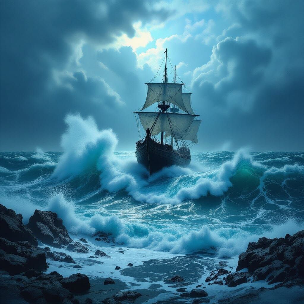 Dramatic Seascape: Wild Ocean Waves Crashing on Shore