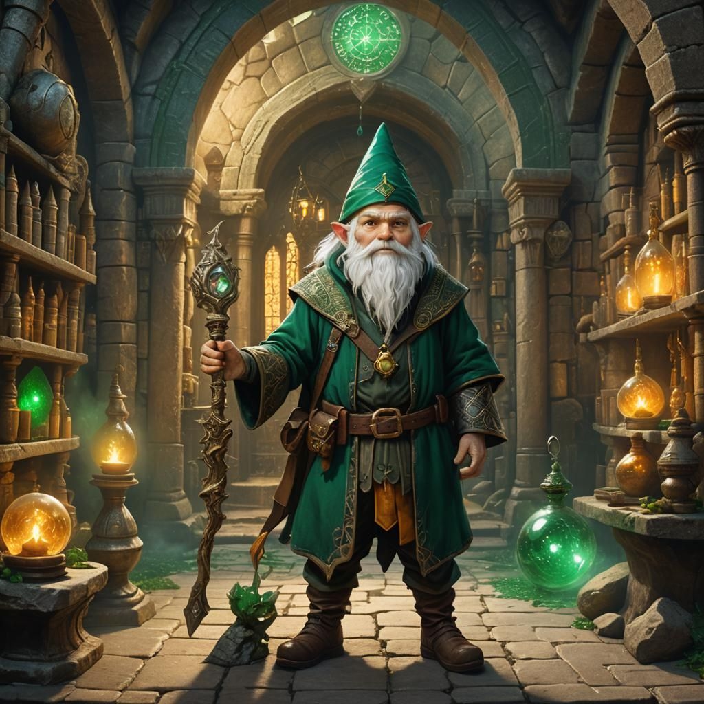 Gnome Alchemist in Mystical Laboratory, Fantasy Art