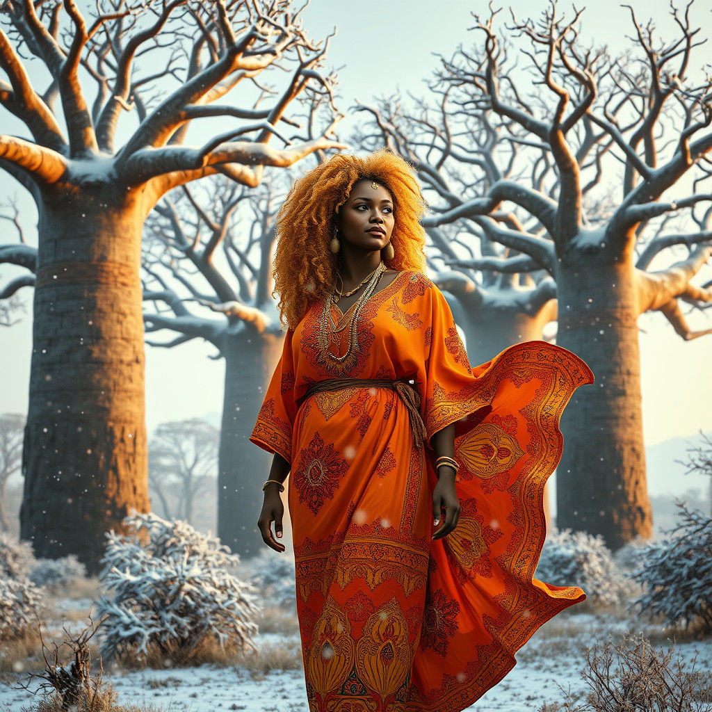 African Elf in Snowy Savannah, Digital Illustration