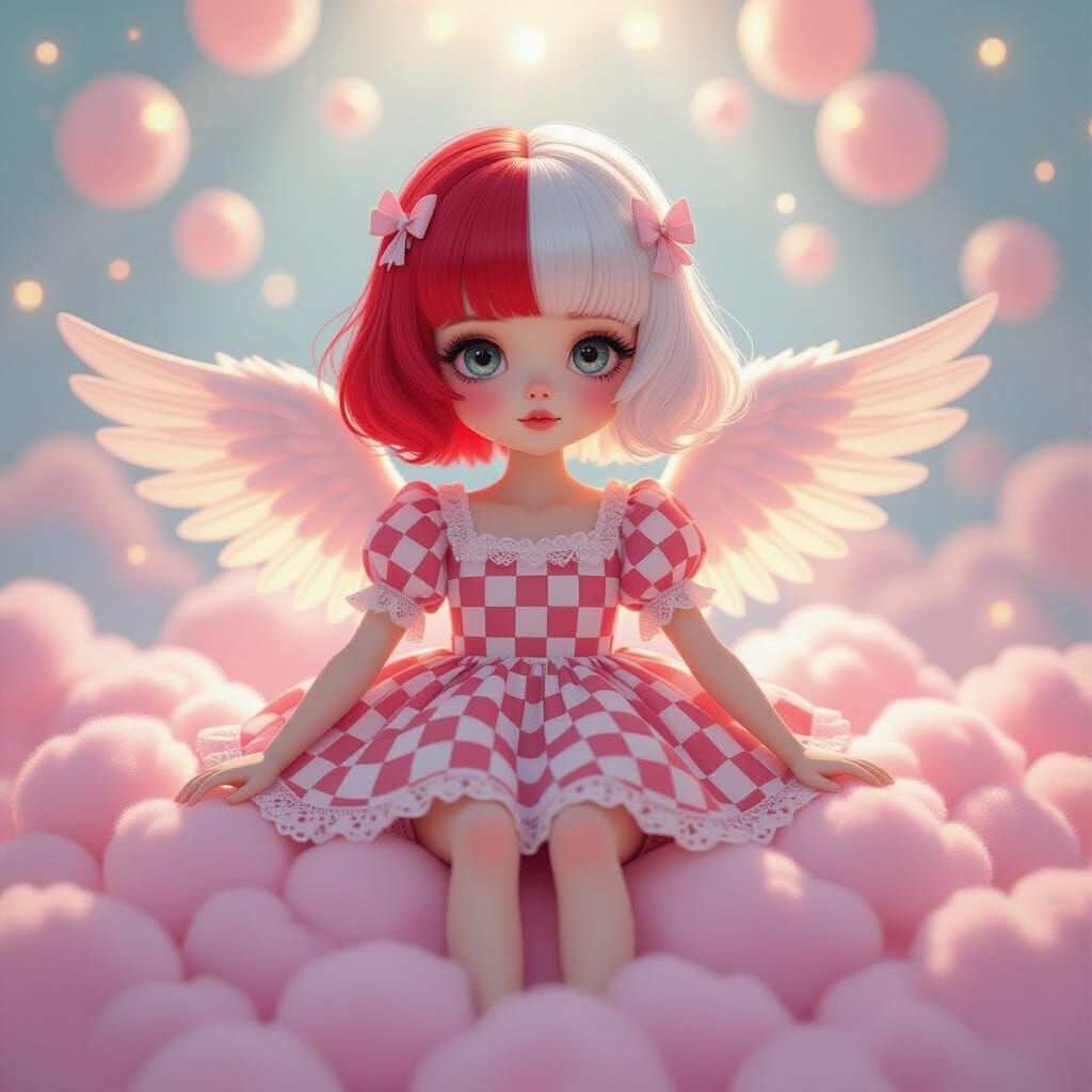 Cute Doll on Pastel Cloud in Angelic Surreal Style