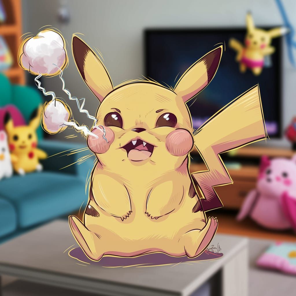 Pikachu's Surprising Sneeze in a Cozy Room