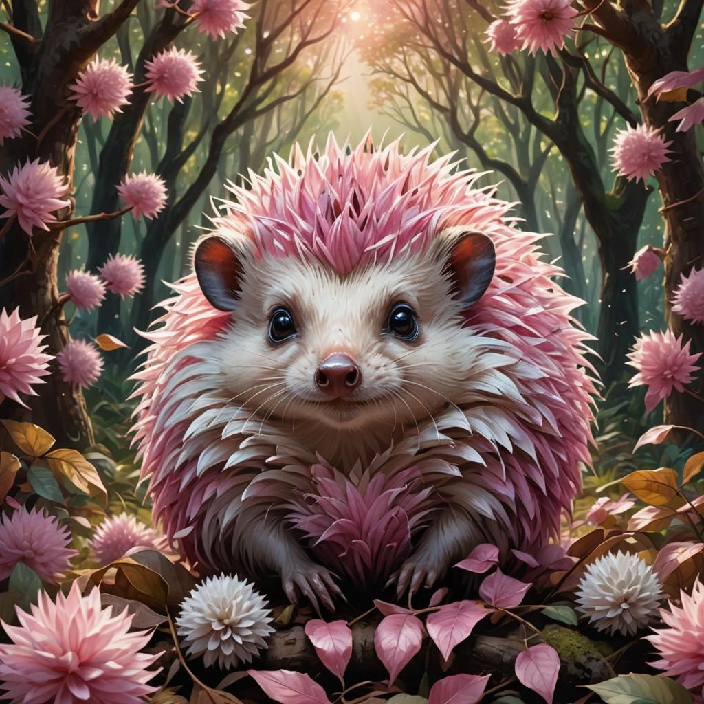 Pink Hedgehog Portrait in Ethereal Cotton Forest