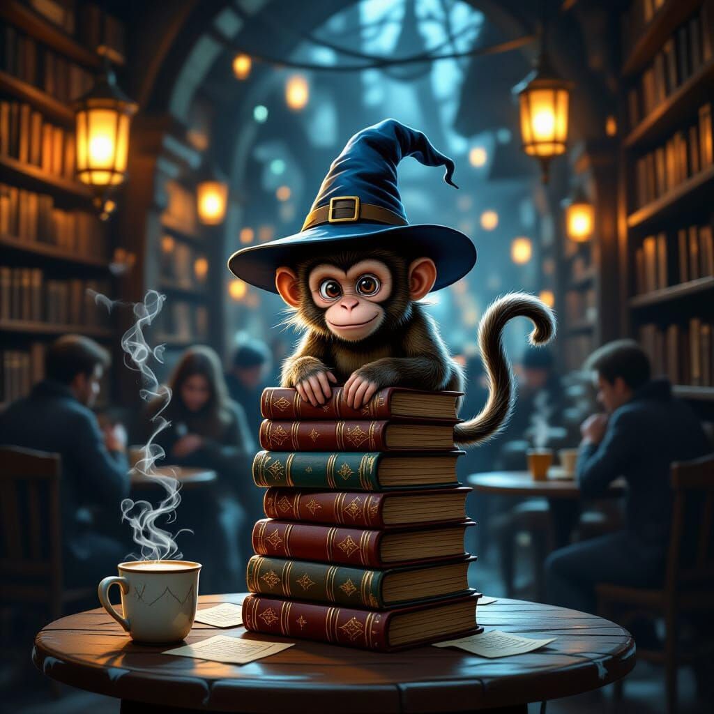 Whimsical Monkey Wizard on Spellbooks in Cozy Cafe