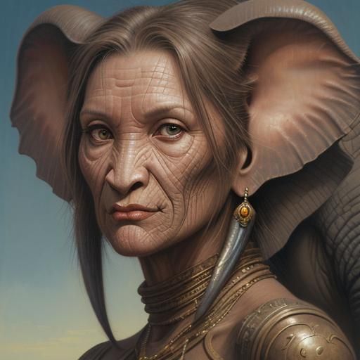Elephant-Woman Hybrid in Oil Painting Style