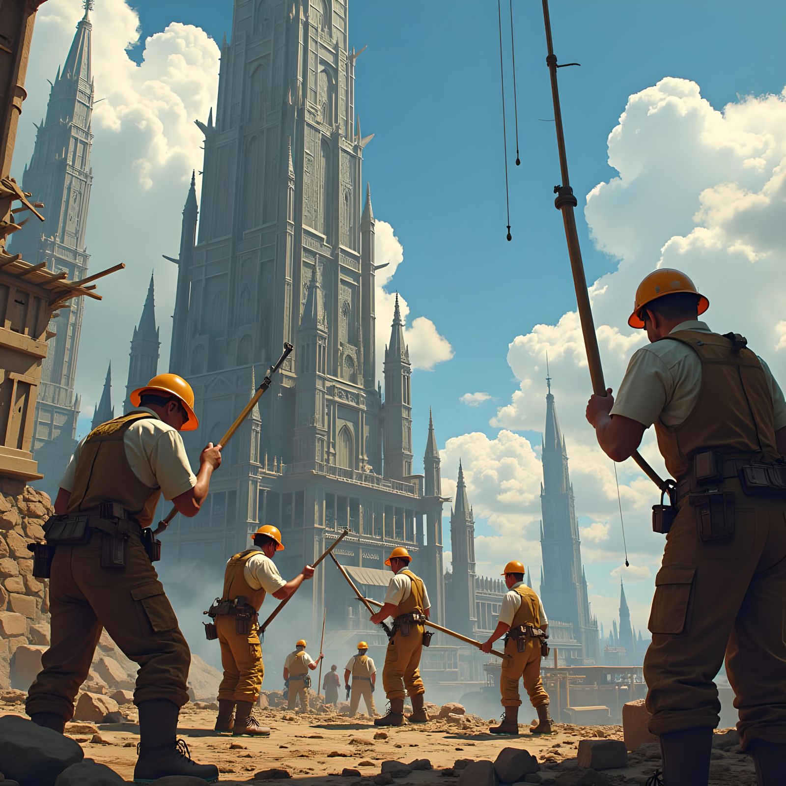 Men Building Skyscraper with Detailed Matte Painting