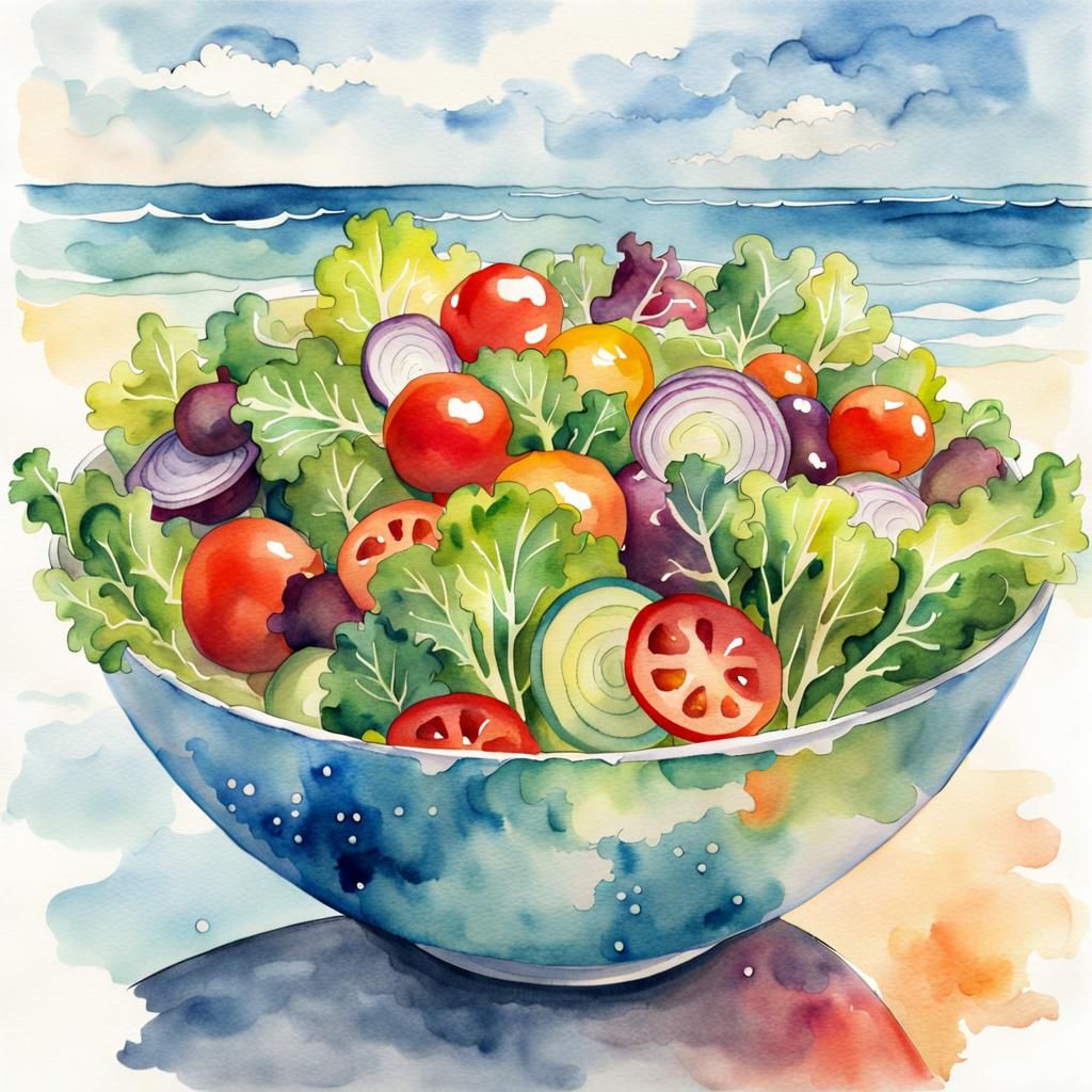 Vegetable Salad Bowl in Ethereal Watercolor Sky