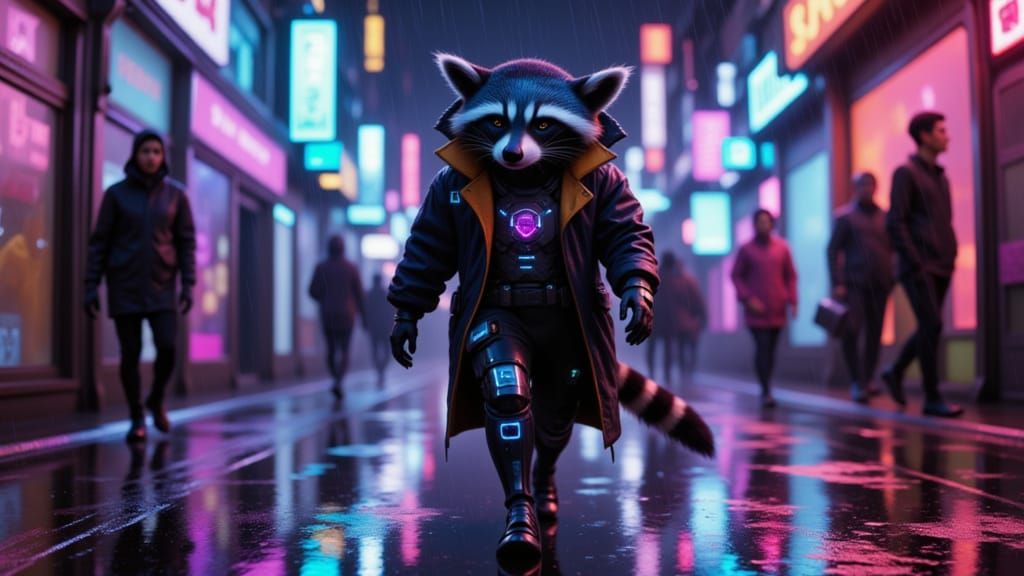 Cyberpunk Raccoon in Neon City Alleyway