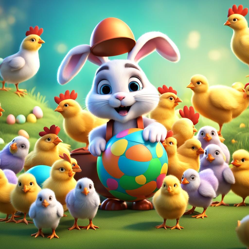 Cute Easter Bunny and Chickens: 3D Digital Art