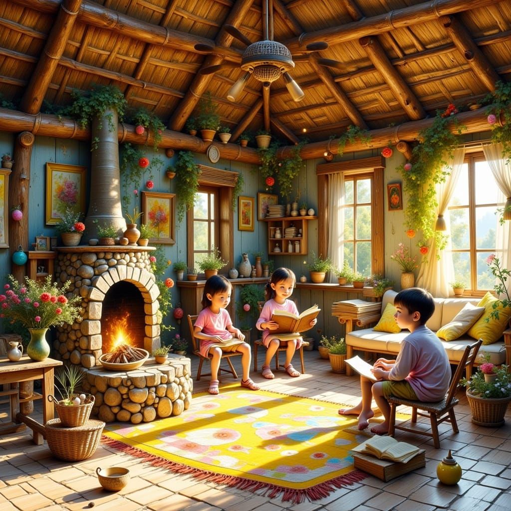 Story Time in a Cozy Village, Charcoal Drawing