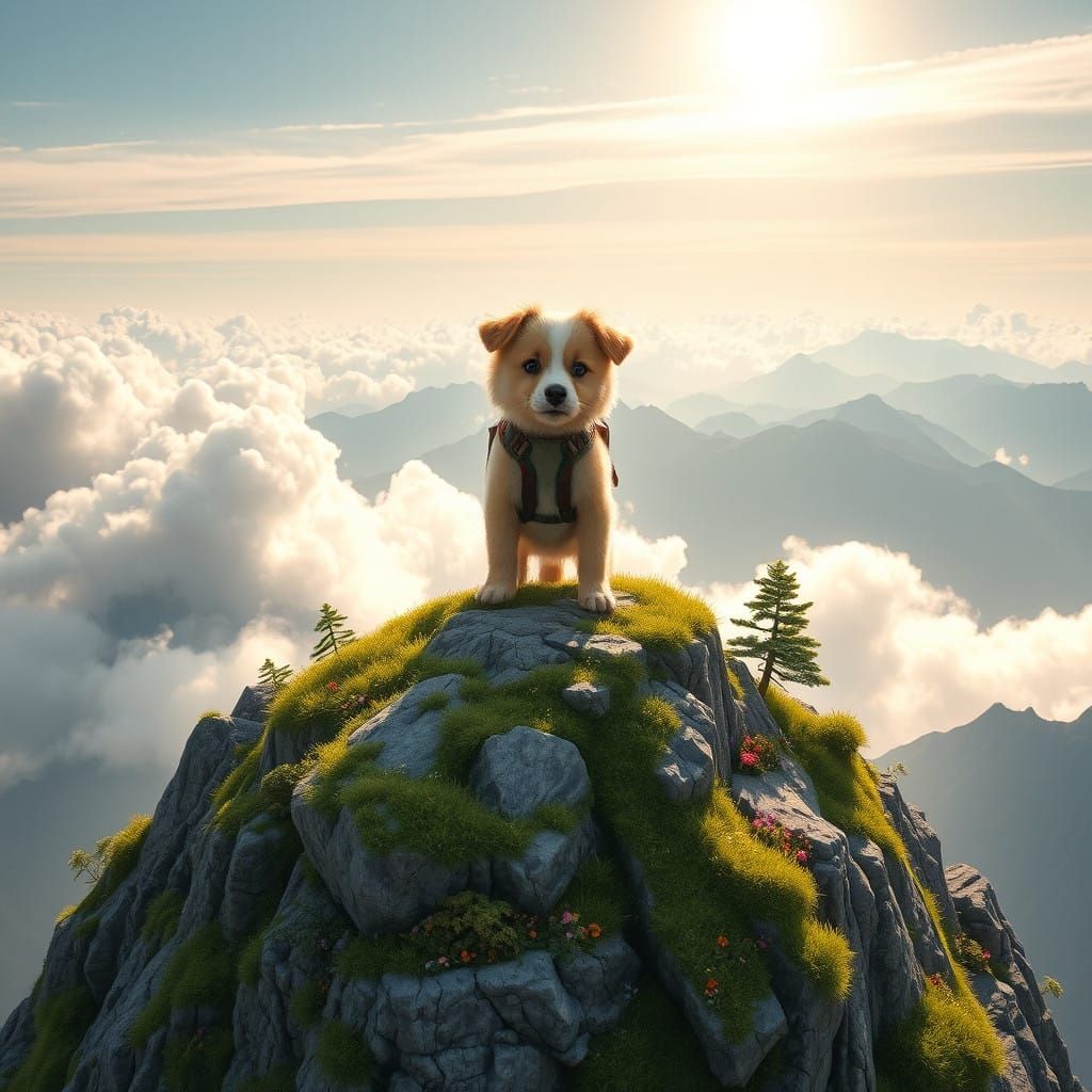 Heroic Puppy Conquers Majestic Floating Peak