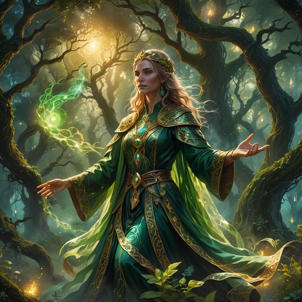 Sorceress Casting Green Magic in an Epic Oil Painting