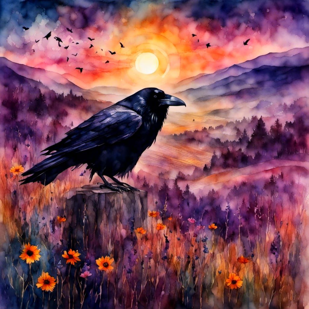 Raven Portrait at Sunset Mountain Landscape
