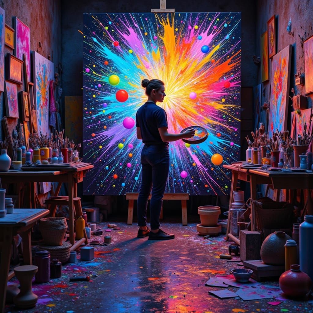 Abstract Painter in Studio with Cubist Influences