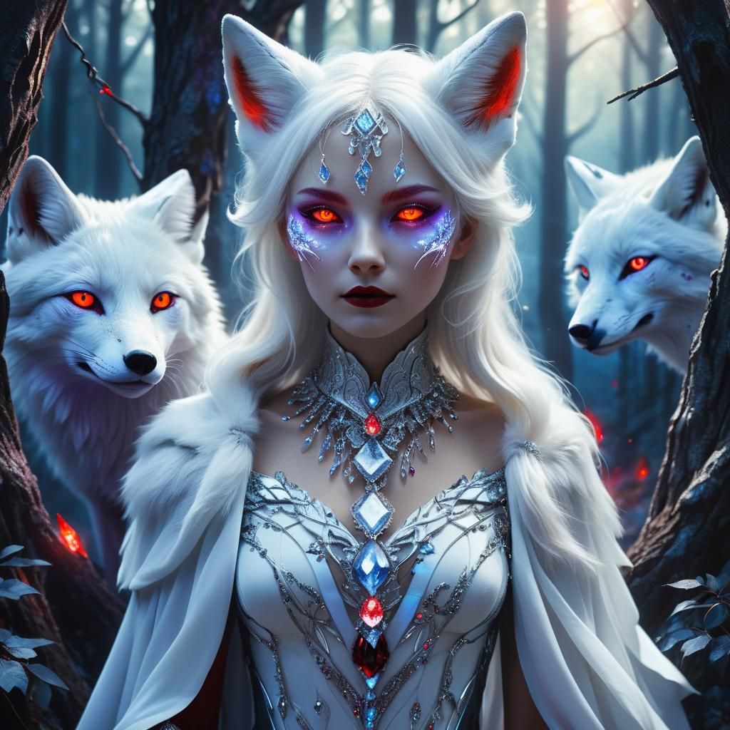 Mystical Fox Lady in Forest, Digital Matte Painting