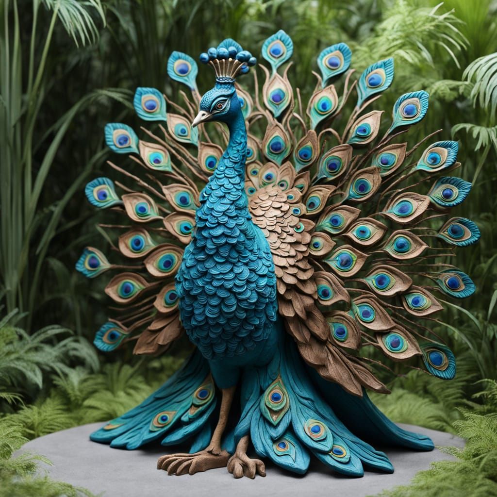 Vibrant Clay Peacock in Exotic Jungle Setting