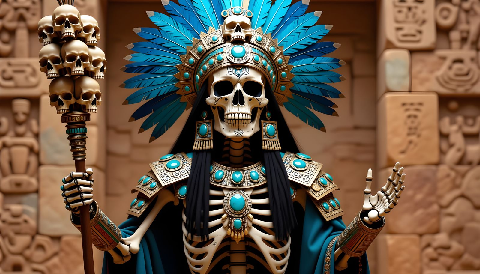 Skeletal Aztec King in Feathered Regalia with Skull Staff