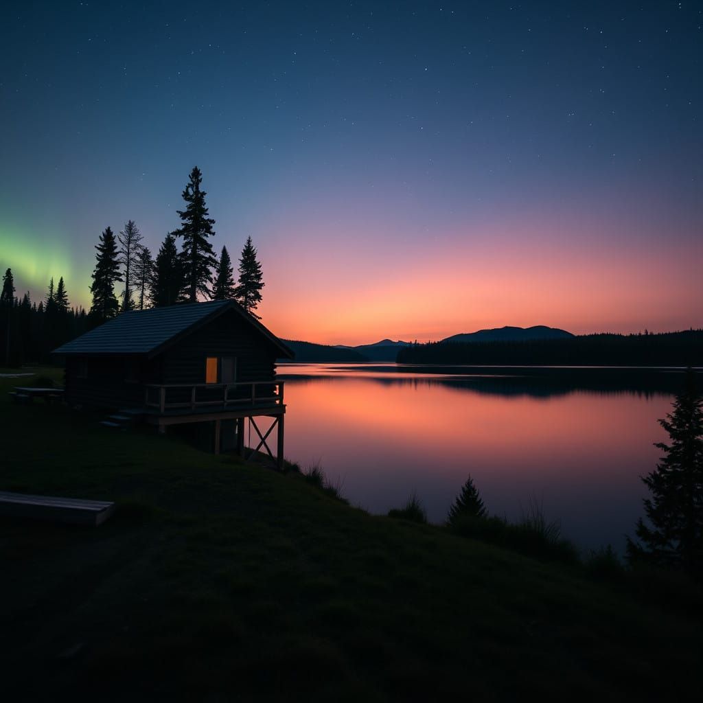 Serenic Cabin Scene Under Starry Aurora Skies