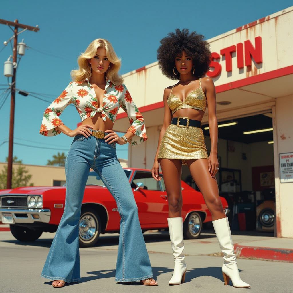 1970s LA Fashion: Blonde & Black Women at Auto Shop
